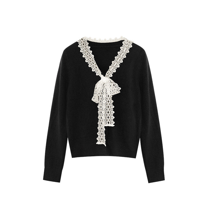 Sweet age-reducing lace-lace-up V-neck pullover sweater