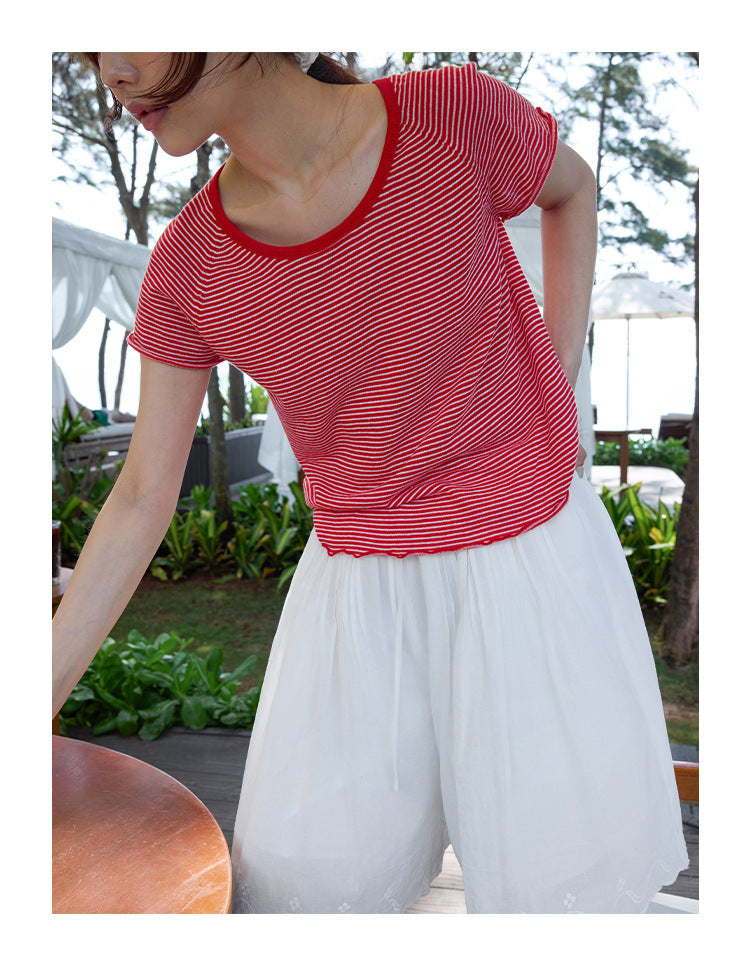 Stripe Control U-Neck Linen Shoulder Short Sleeve