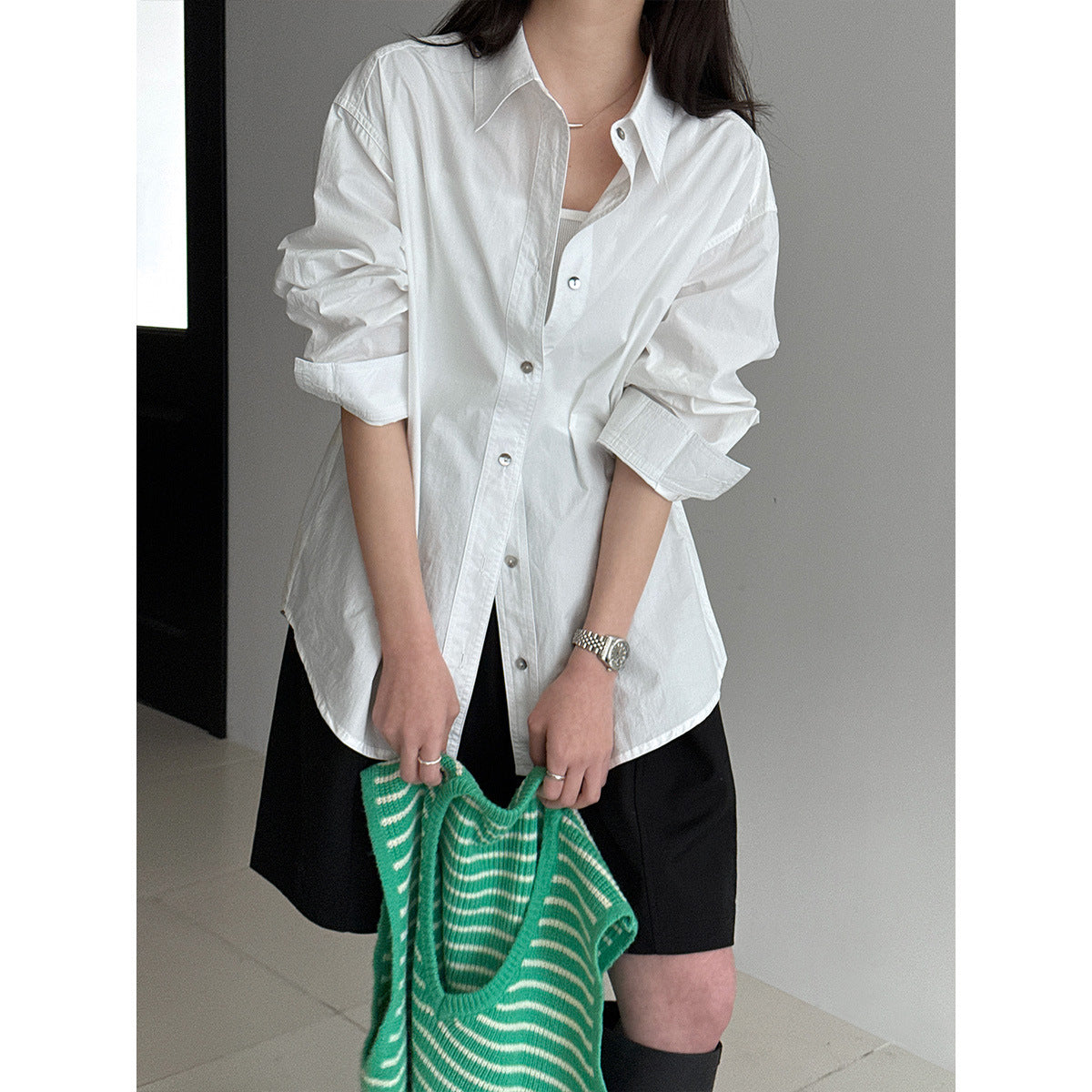 Minimalist high-end design loose long-sleeved shirt women's spring back button waist top