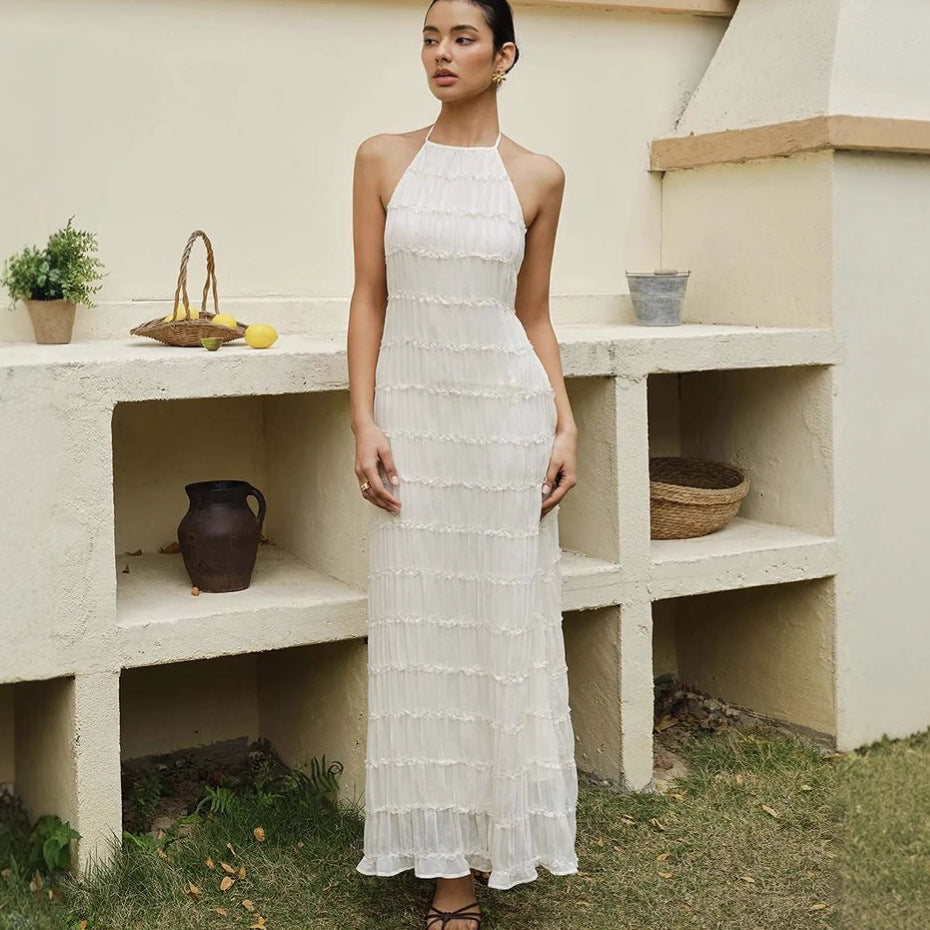 Women's pleated lace sexy halter neck holiday casual suspender dress
