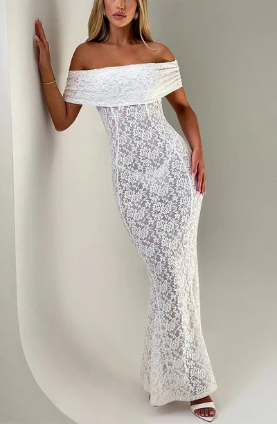 Lace one-shoulder dress backless sexy see-through bandeau skirt