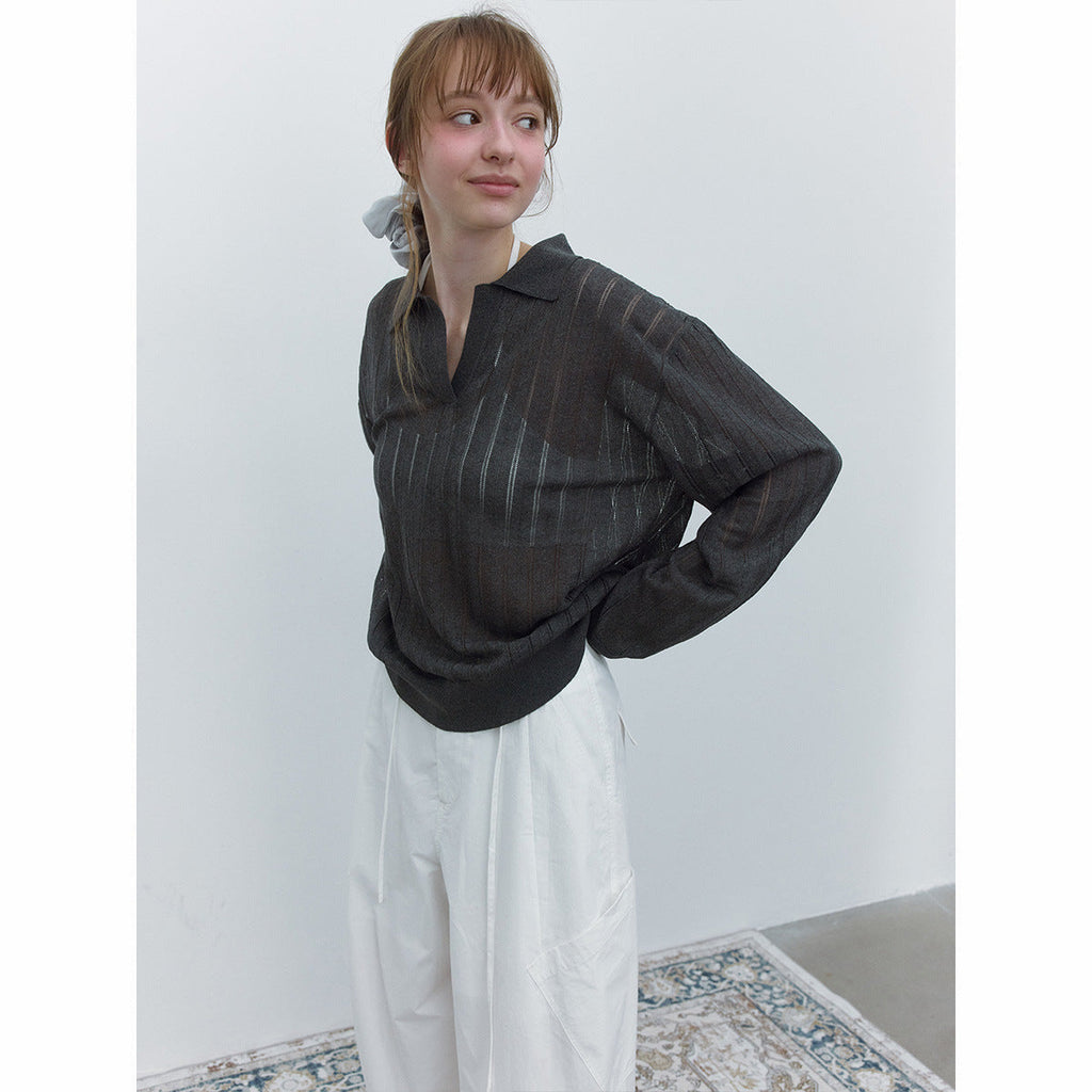 Autumn new casual cool hemp silk hole-picking polo collar thin micro-transparent knitted jumper