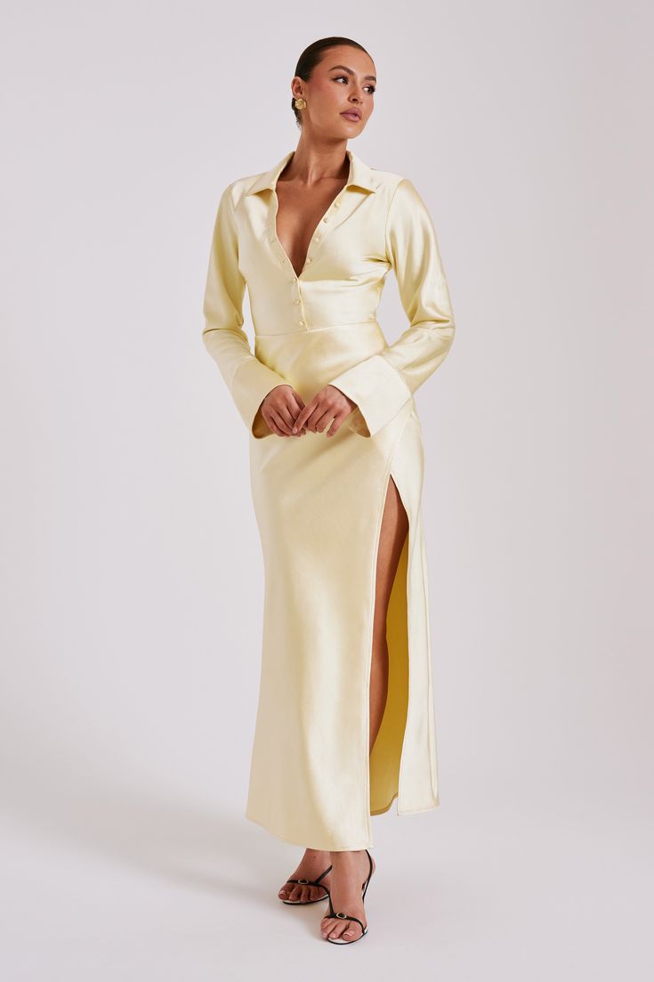 Fashion Vacation Style Long Sleeve Shirt Split Skirt Sexy Satin Dress