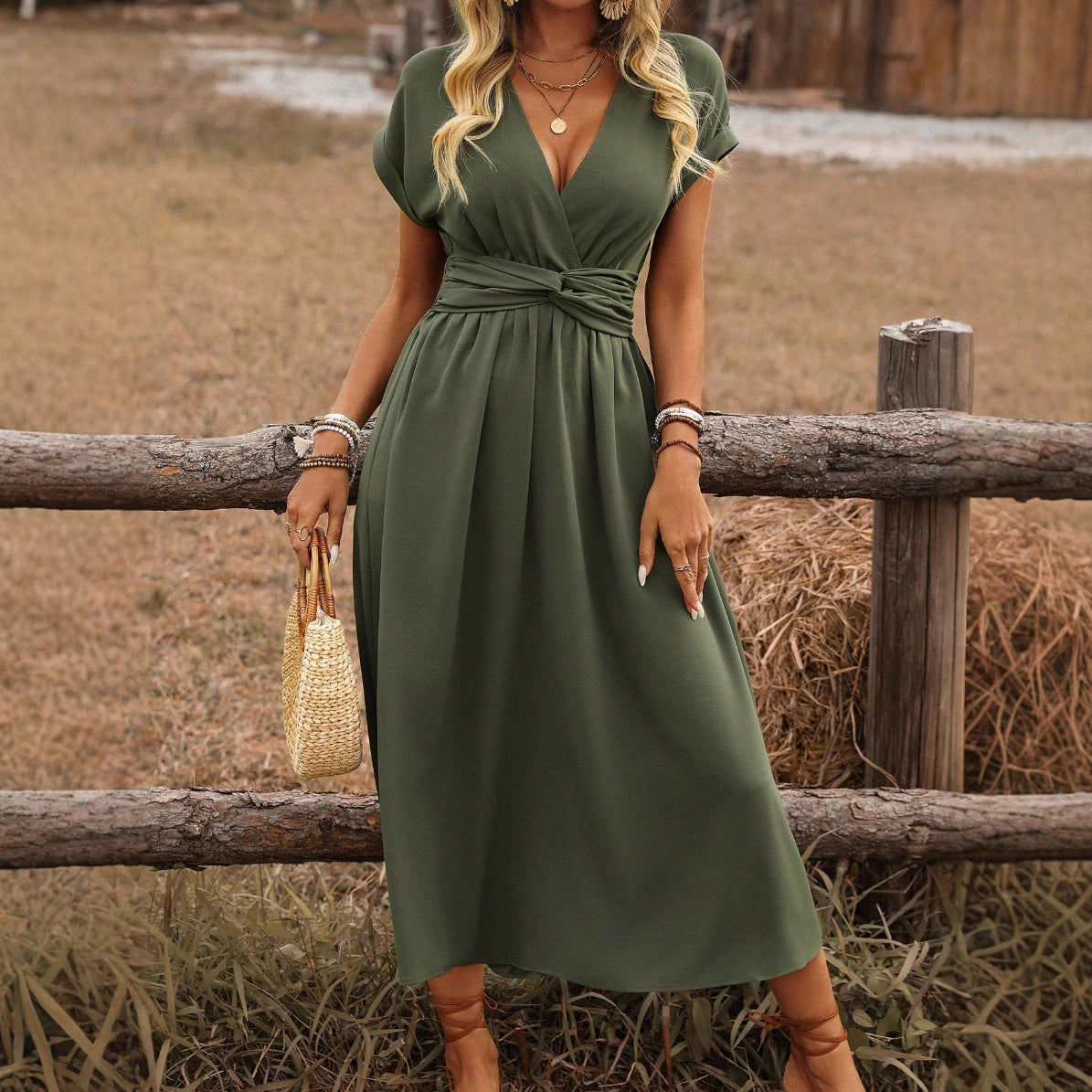 Women's Summer Solid Color Waist V-Neck Bat Sleeve Waist Folds Long Elegant Dress