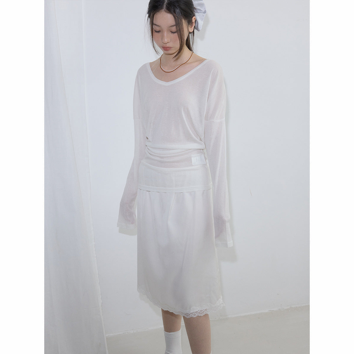 Spring new casual high waist simple solid color linen satin lace medium and long skirt