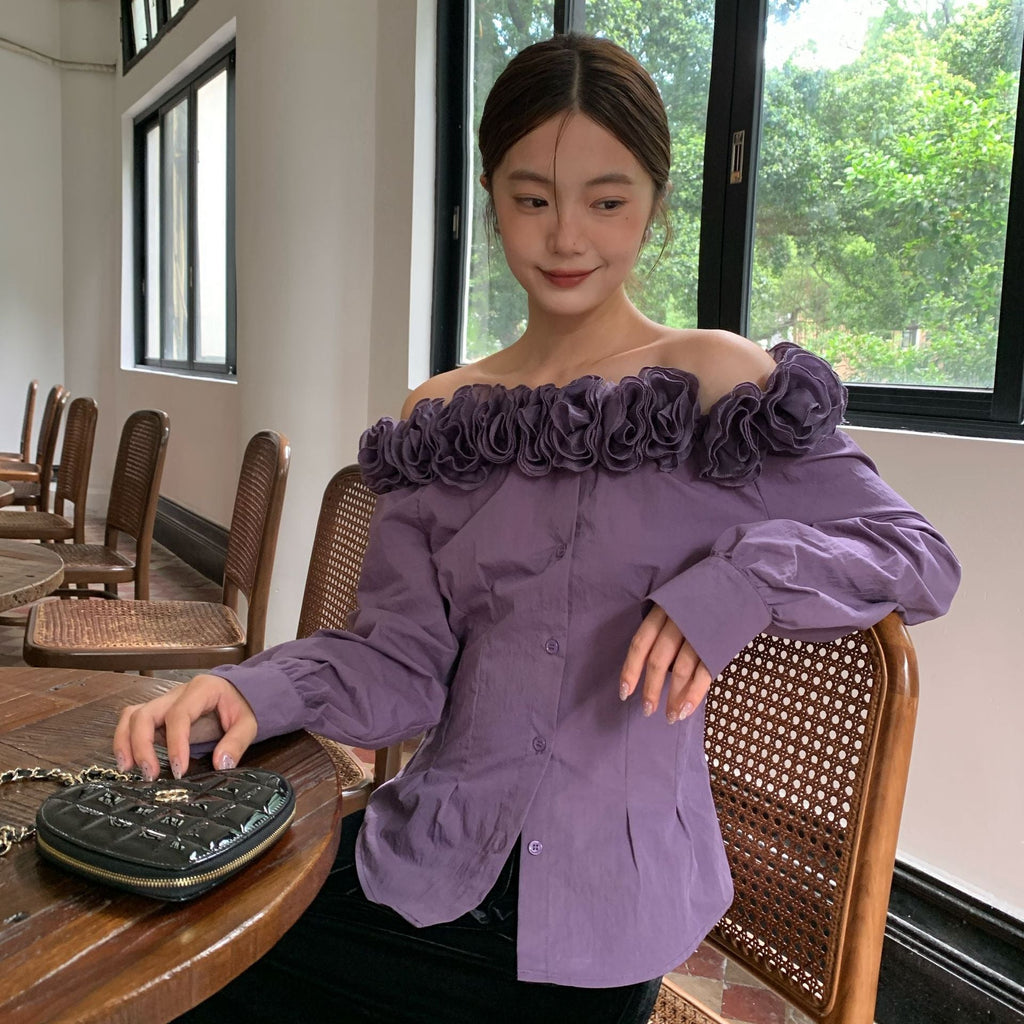 Autumn French Chic Heavy Industry Flower Pinch Pleated Waist Shoulder Shirt