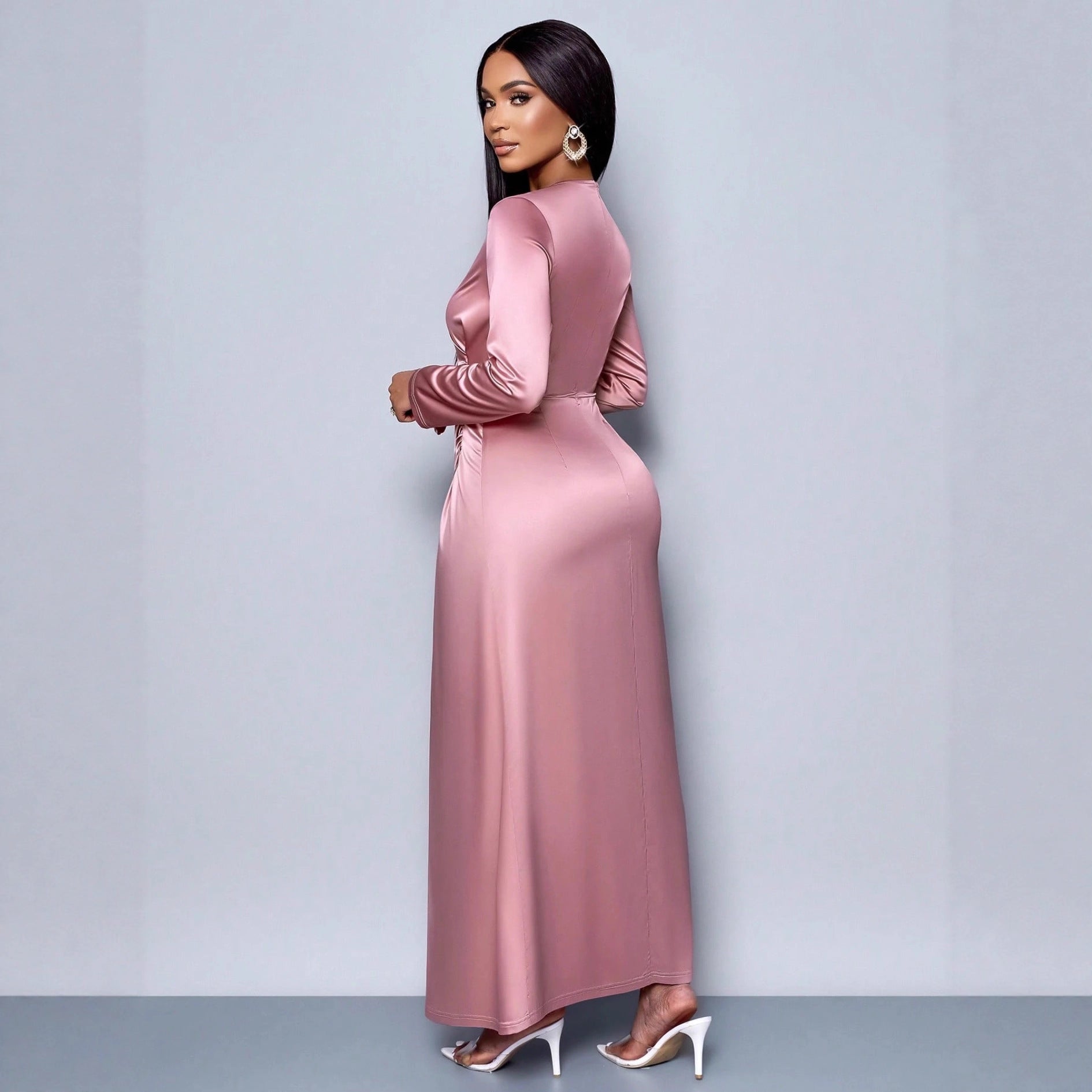 New solid color high-end satin dress fashionable and elegant temperament light evening dress
