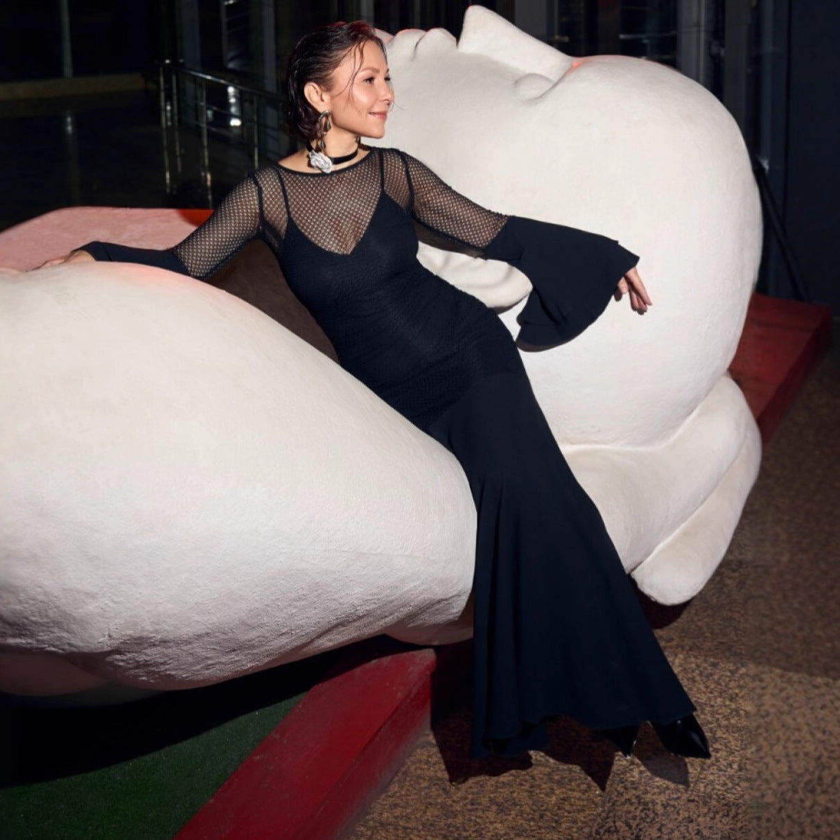 Perspective dress high waist hollow round  sexy horn sleeve hip dress