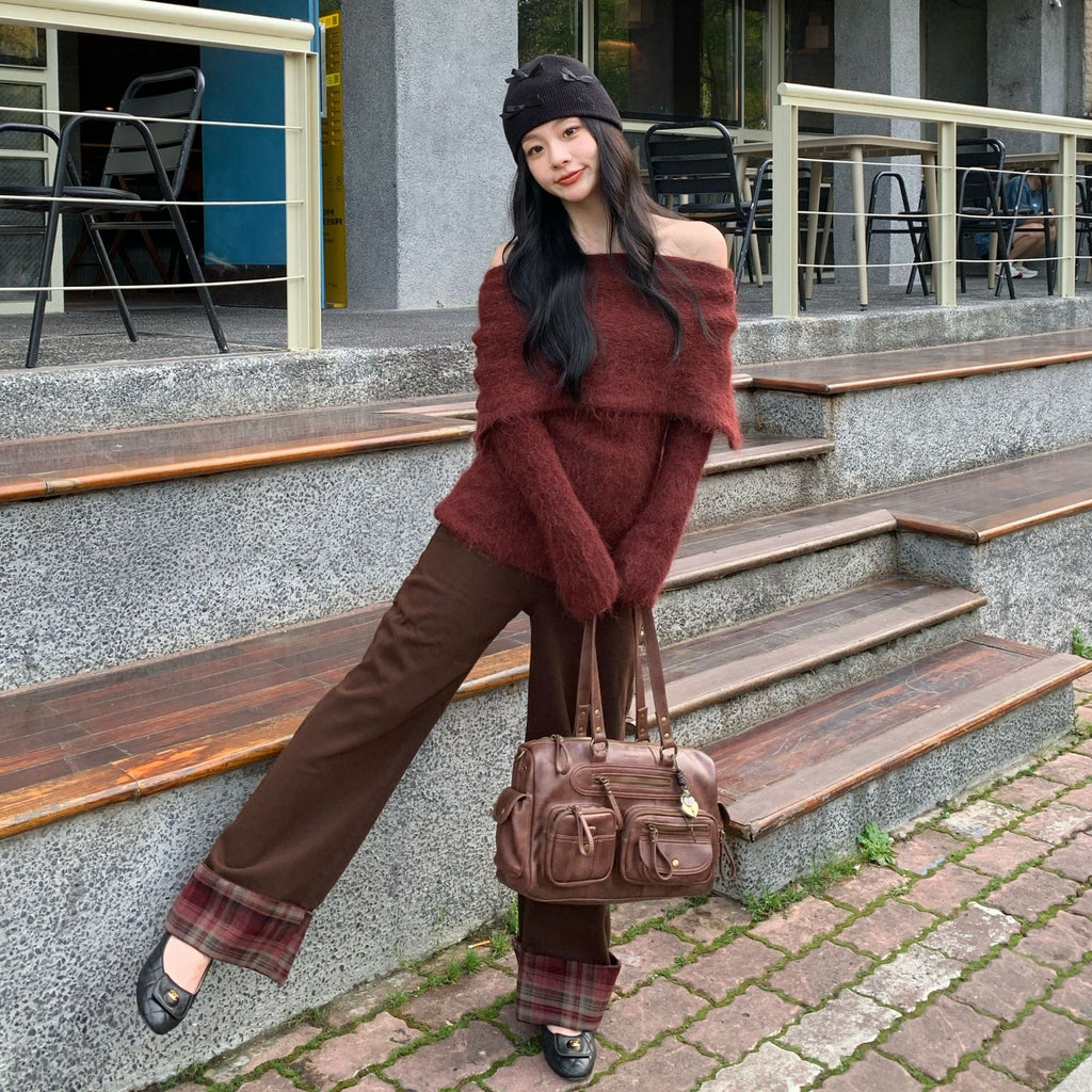 Vintage plaid paneled rolled-up versatile straight-leg jeans