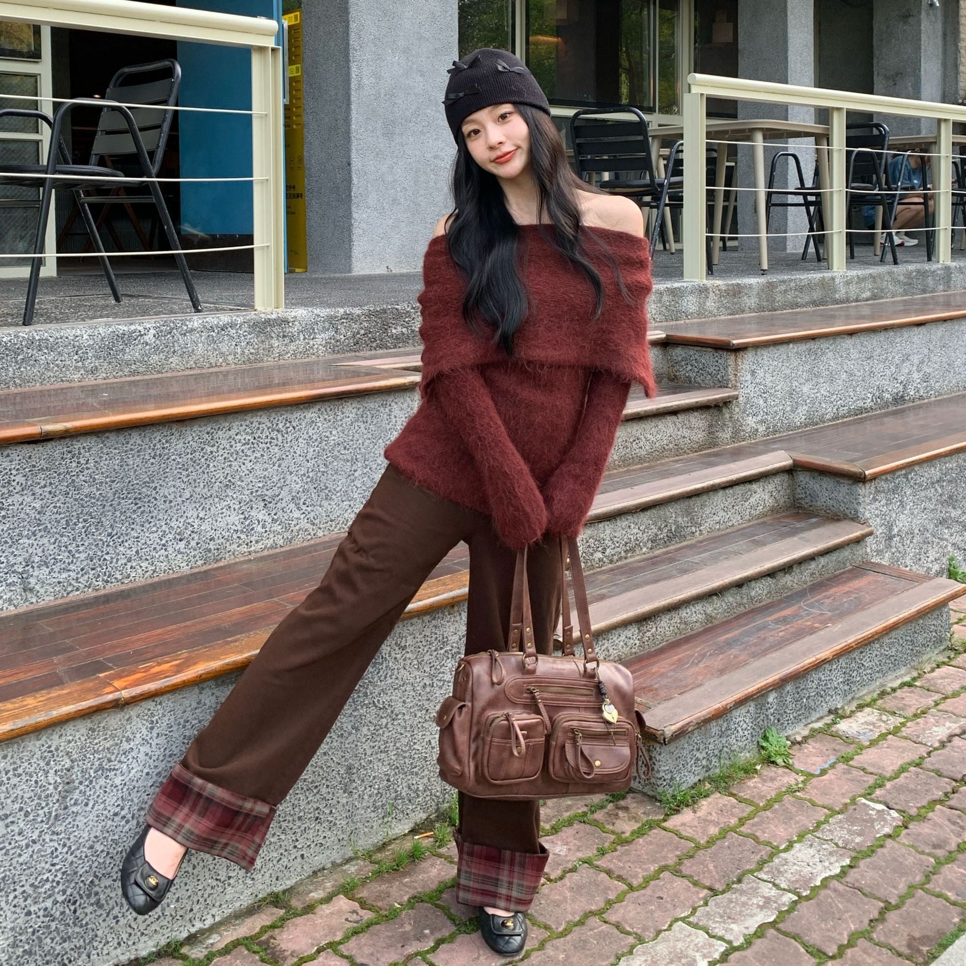 Vintage plaid paneled rolled-up versatile straight-leg jeans