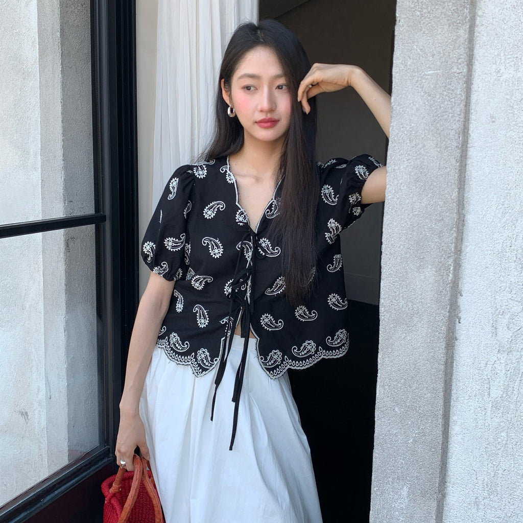 V-neck lace-up embroidered temperament shirt