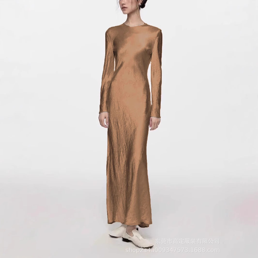 Women's French Elegance Satin Pleated Long Sleeve Dress | Acetate Fishtail Midi Dress
