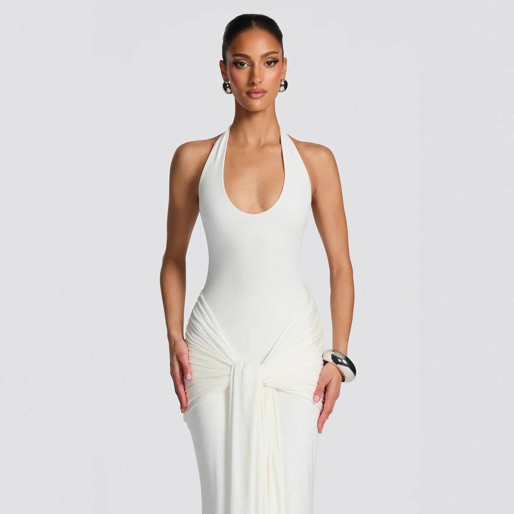 New fashion streamer splicing suspender long dress slim-fitting hip-wrapped European and American style neck dress dress