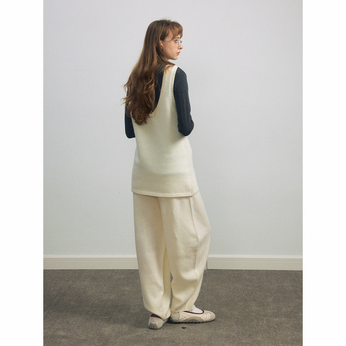 Autumn new casual high-waisted lace-up full cashmere loose long wool pants for women