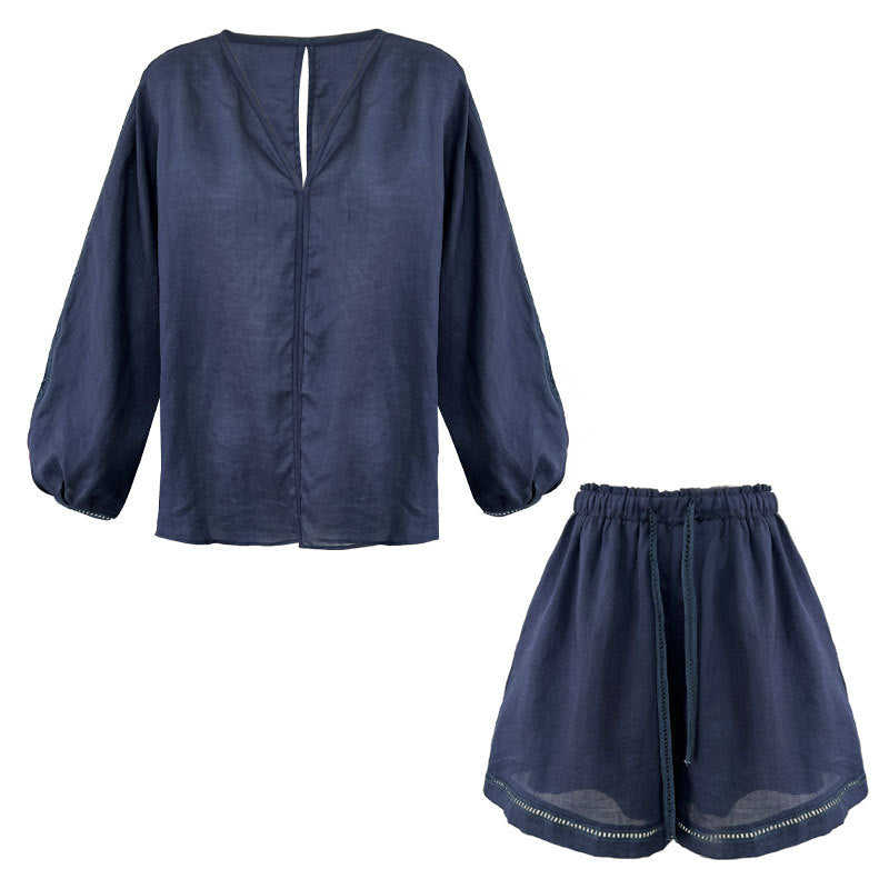 Korean style designer casual v-neck long sleeve top + versatile shorts women's summer new arrival lazy loungewear set