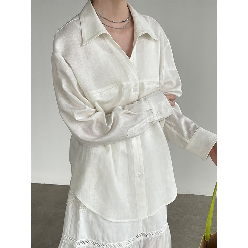 V-Neck Cotton Linen Long Sleeve Cardigan Shirt