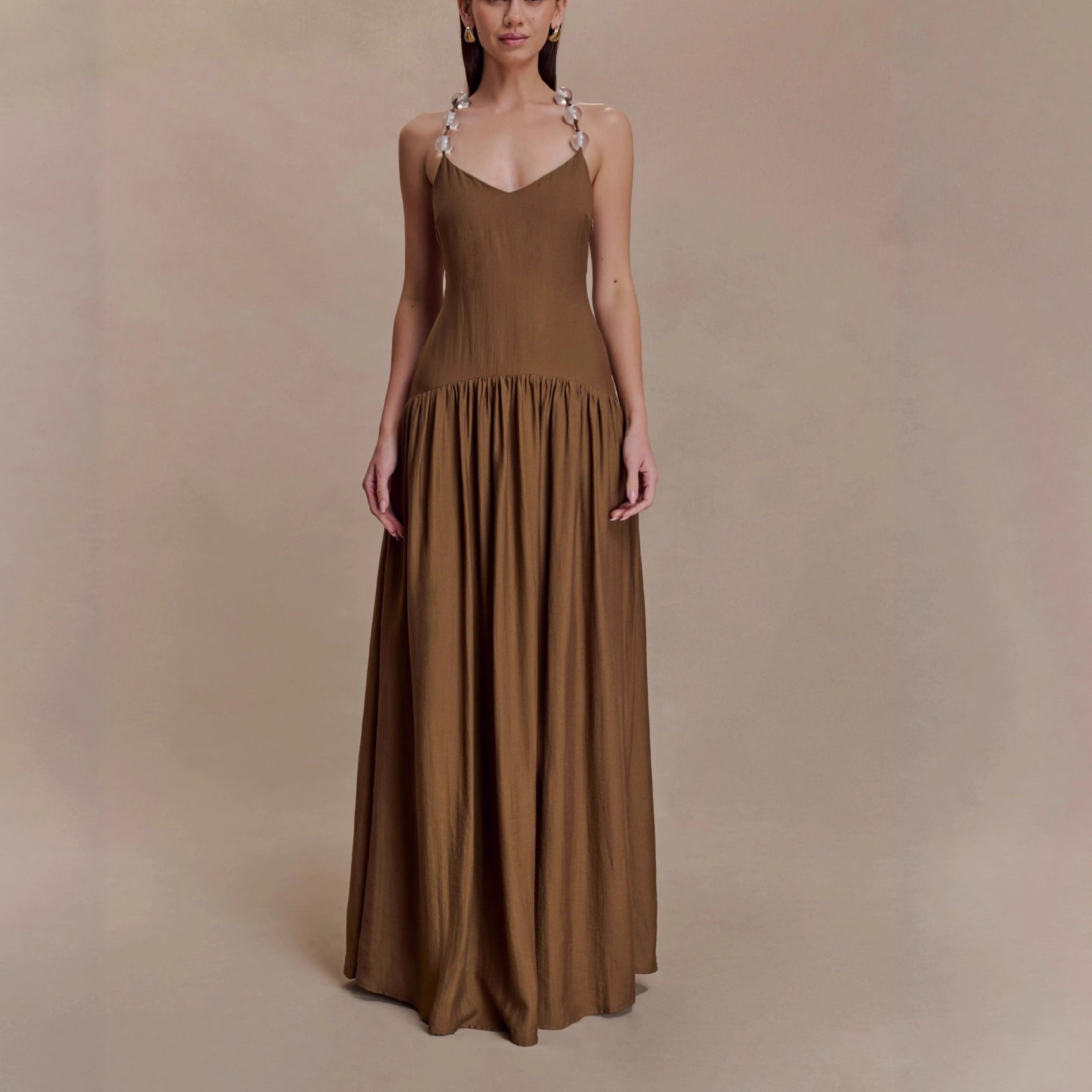 Fashion temperament Elegant V-neck beaded suspender skirt waist backless sexy dress