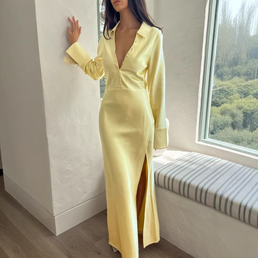 New Fashion Sexy Satin Dress Temperament Shirt Dress Spice Girl Split Dress Women