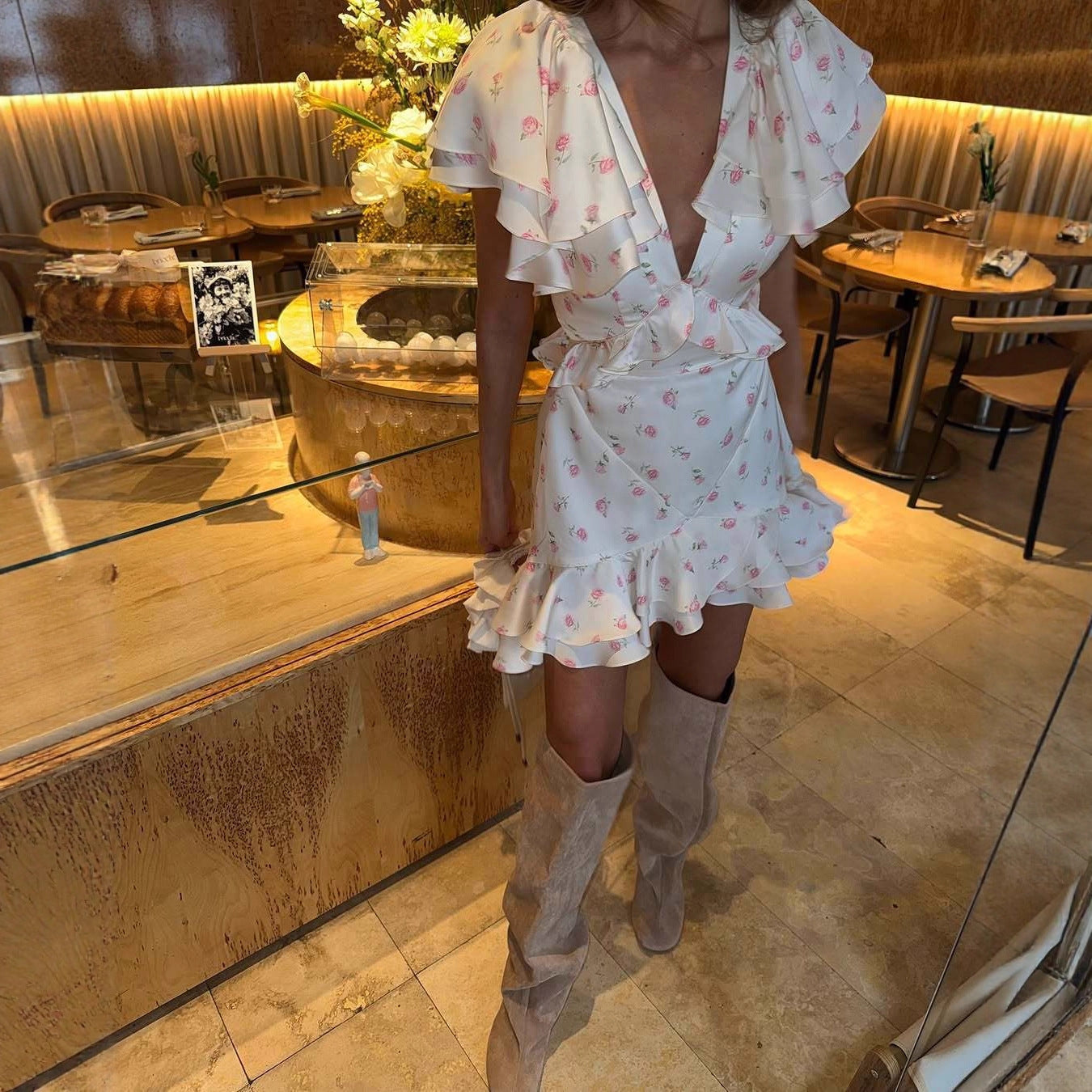 Fashion ruffle edge floral skirt waist dress
