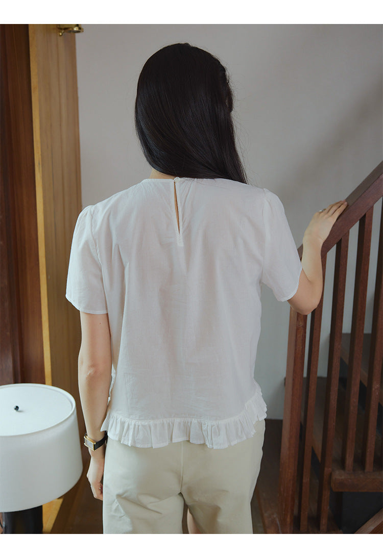 Heavy industry lace splicing round neck meat-covering and thin shirt summer short sleeves