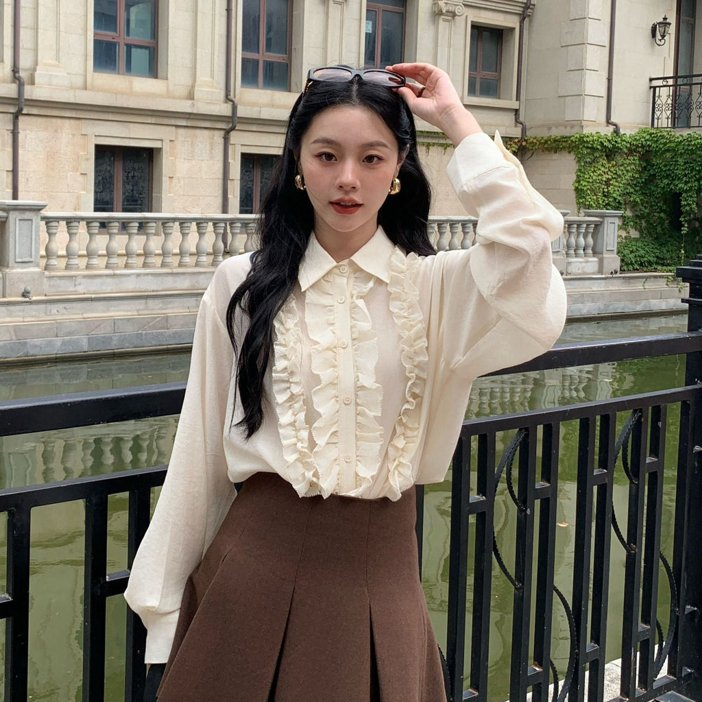 Heavy Industry Micro Transparent Splicing Long Sleeve Lapel Fungus Edge Shirt