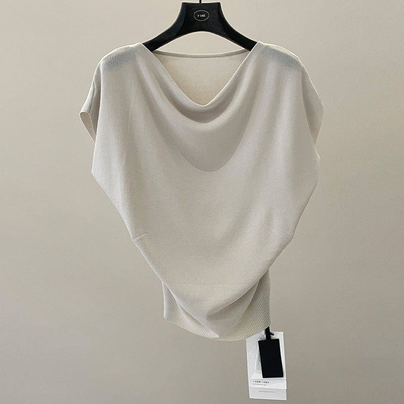 French high-end swing collar knitted shirt spring and summer niche waist ice silk off-the-shoulder top