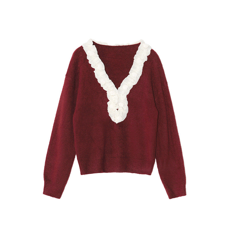 Sweet age-reducing V-neck loose sweater with fungus edge