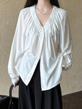 Korean temperament pleated V-neck loose shirt spring new commuter cool sunscreen long-sleeved shirt