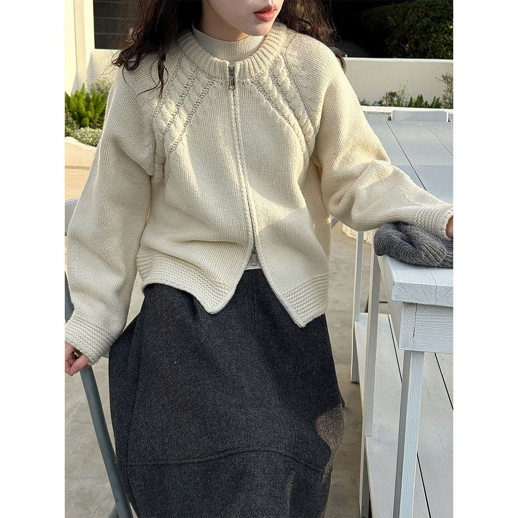 Korean double-ended zipper crew neck knitted jacket women's autumn and winter twisted flower high-end thick sweater cardigan