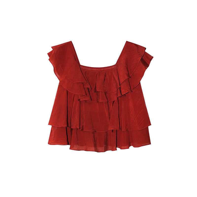 French sweet age-reducing thin loose square neck ruffle edge chiffon shirt