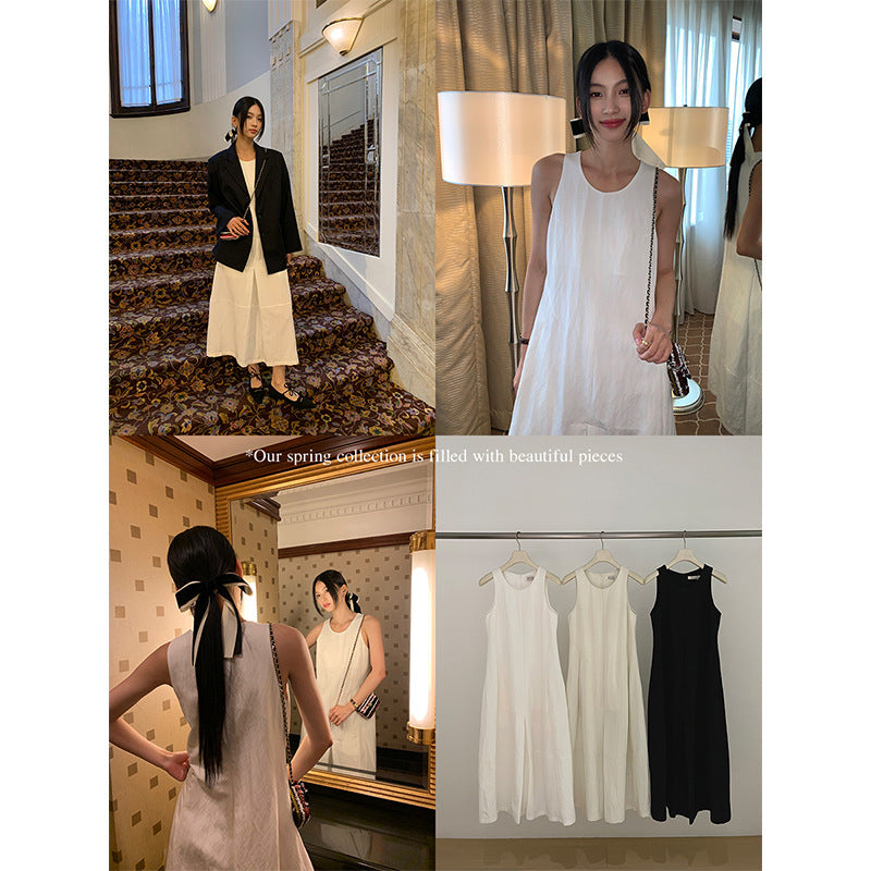 U-Neck Sleeveless Dress Women Long Sleeve Pullover Splicing Midi