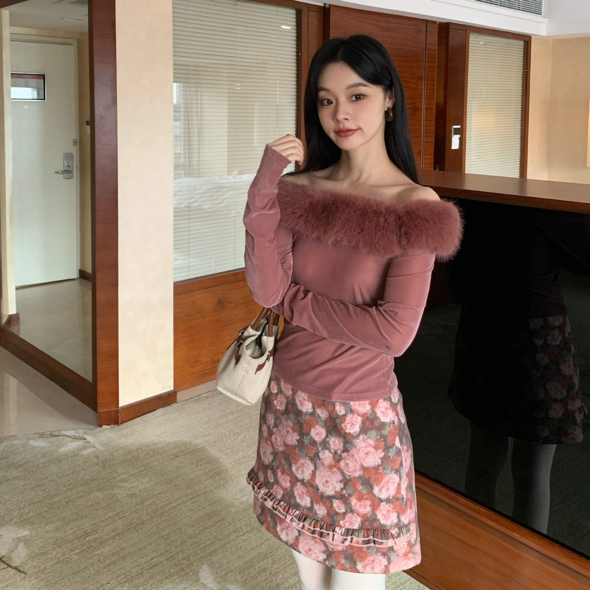 Romantic and sweet girly rose print A-line skirt