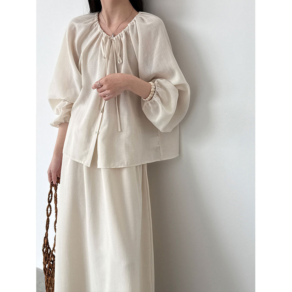 Korean gentle wind drawstring shirt + drape A-shaped skirt women's 26 spring new commuter suit