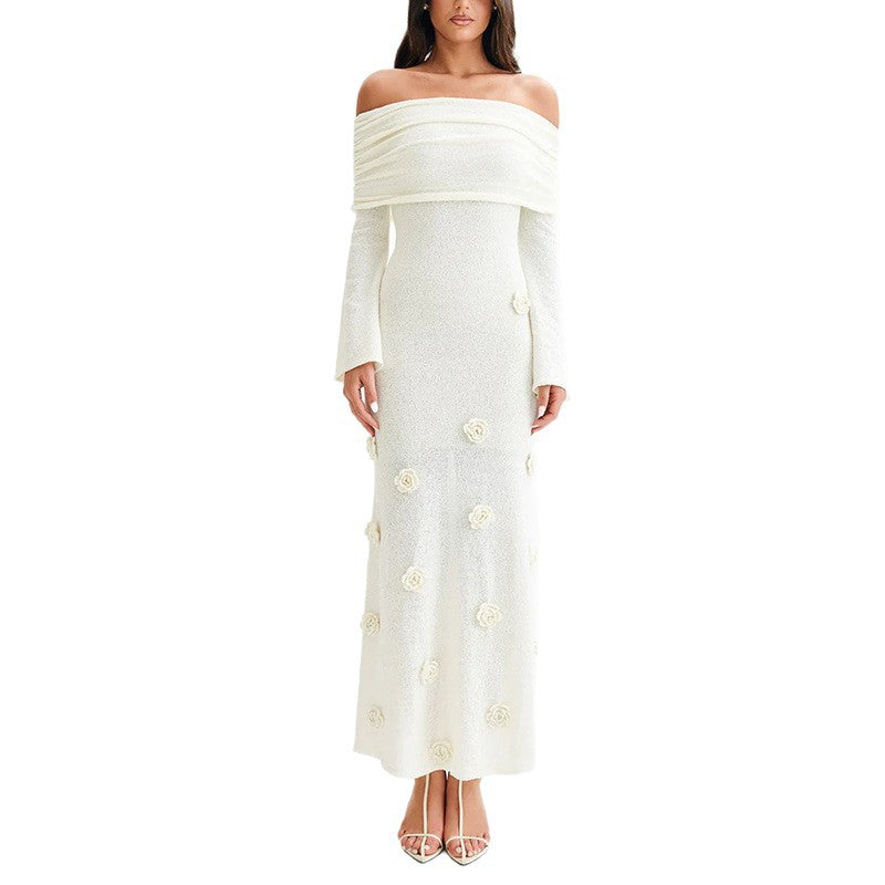 New sexy flower one-word shoulder knitted dress fashionable autumn and winter dress