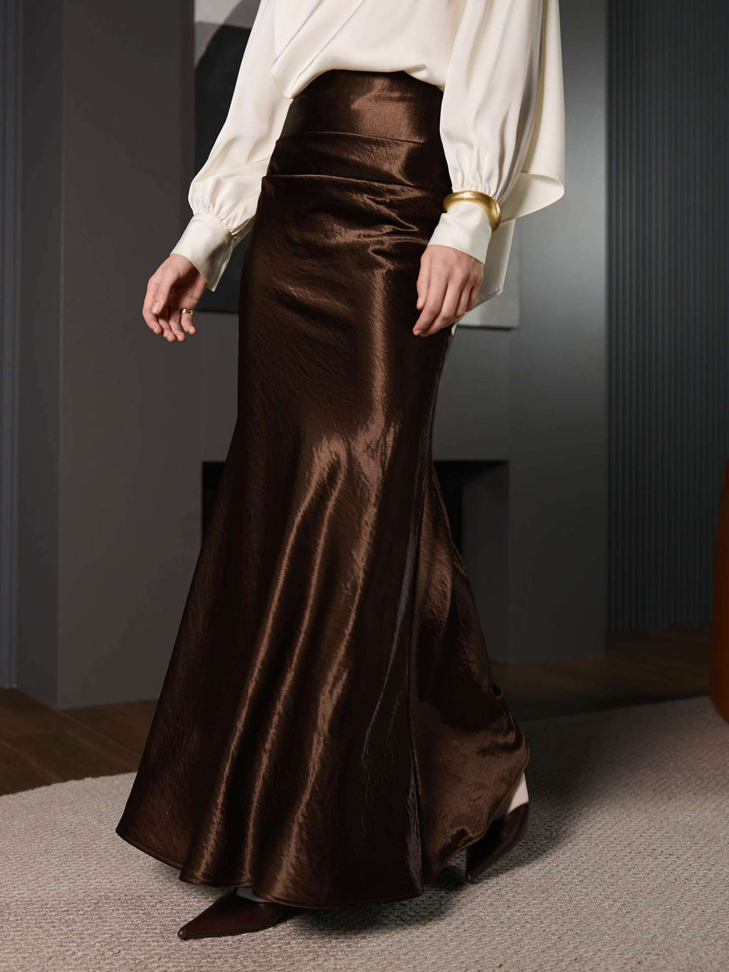 French satin skirt autumn and winter high waist hip skirt pleated A-shaped long skirt