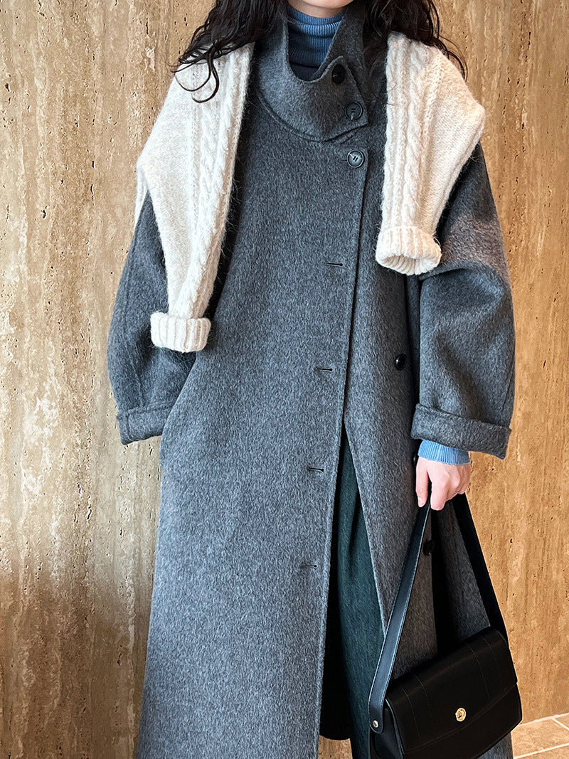 Korean high-end stand-up collar double-sided woolen coat women's medium and long style