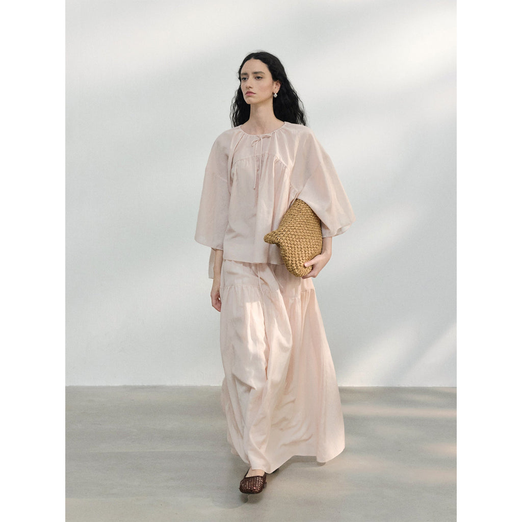 Summer new tencel cotton shrink pleated light skin-friendly large silhouette A-shaped umbrella skirt