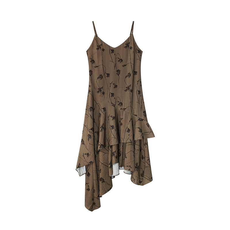 Maillard retro temperament irregular diagonal skirt suspender dress