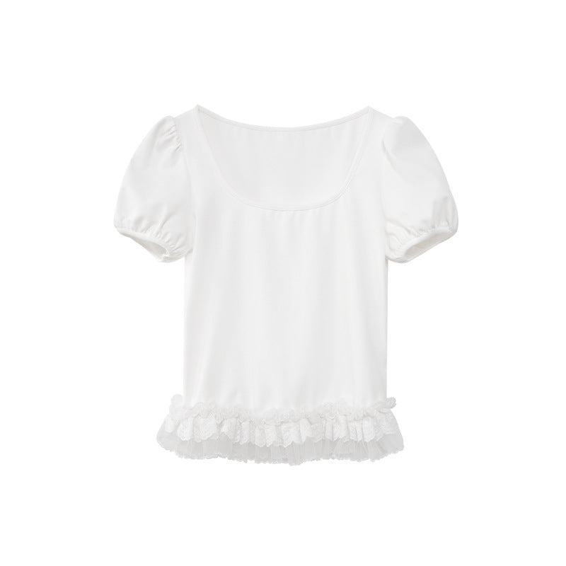 Sweet age-reducing lace trim square neck short-sleeved T-shirt