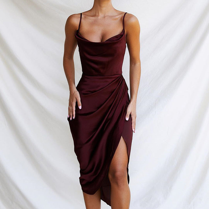Fashion Sexy Split Satin Dress Slim Temperament Sexy Suspender Split Skirt