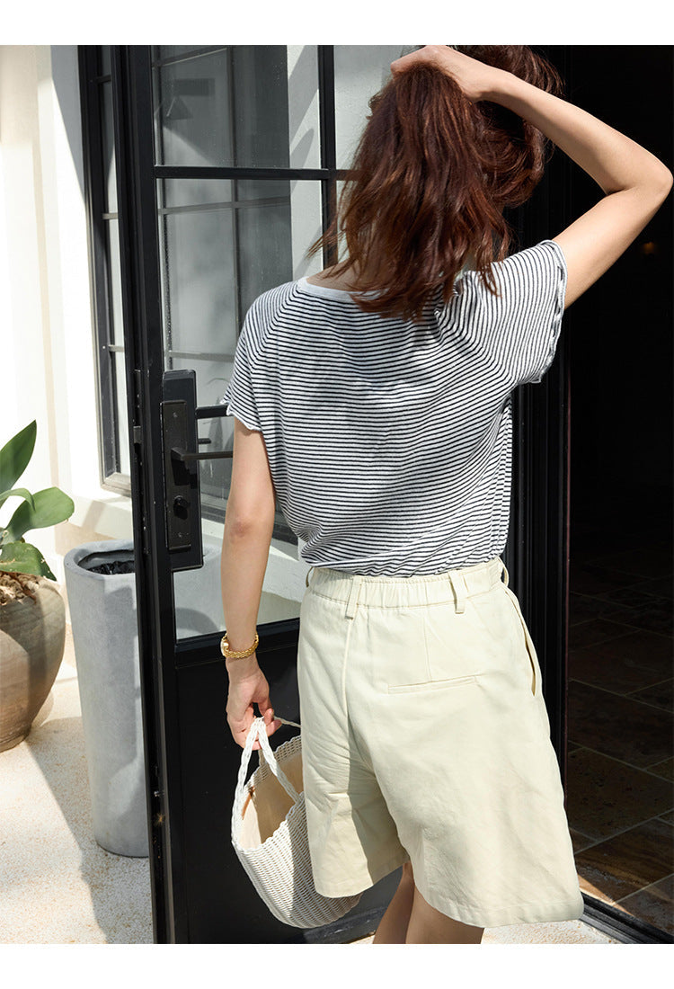 Stripe Control U-Neck Linen Shoulder Short Sleeve