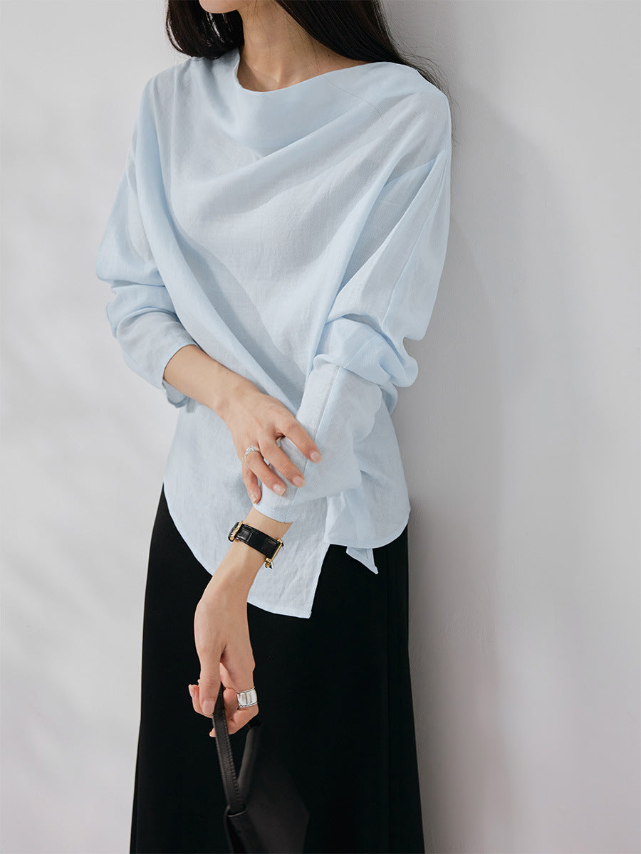 Swinging collar asymmetrical pleated lazy Tencel hemp shirt