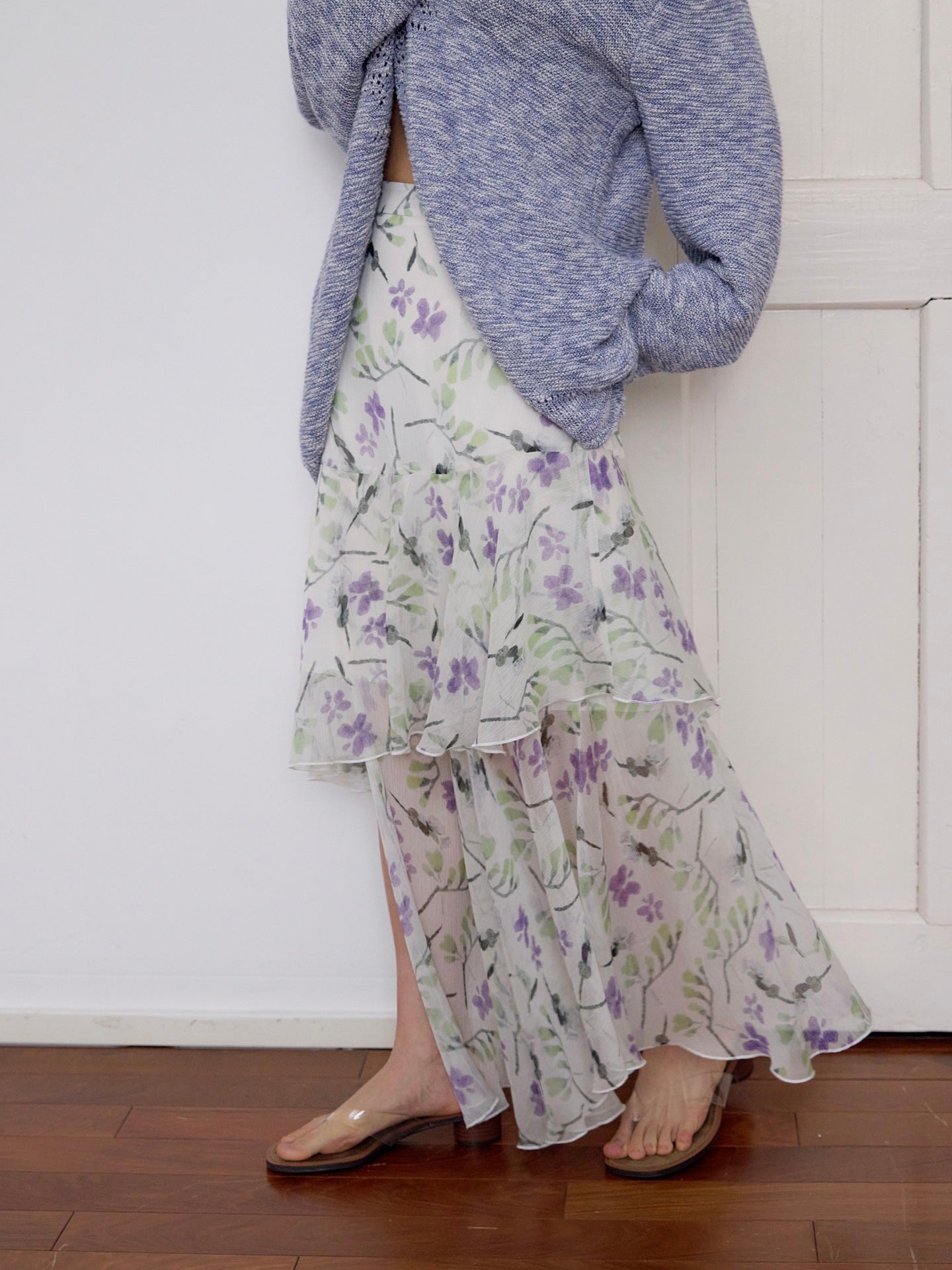 Chiffon floral irregular layered skirt
