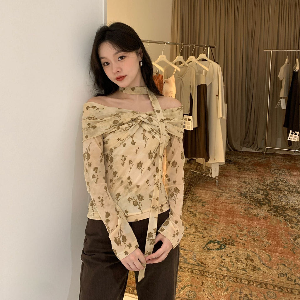 Temperament retro tea one-word shoulder floral slim-fit shirt