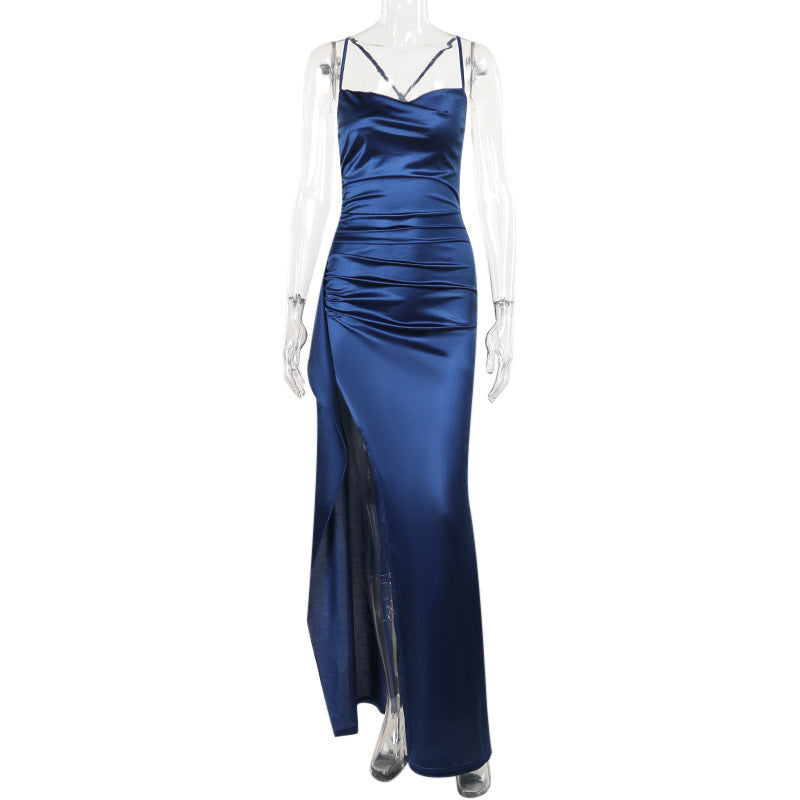 Yuan Feng temperament sexy slim fit shrink pleated split satin dress dress dress