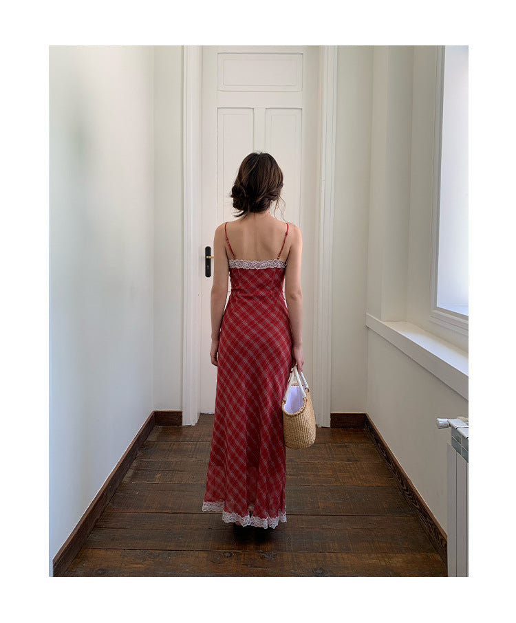 Red checked lace stitching suspender dress