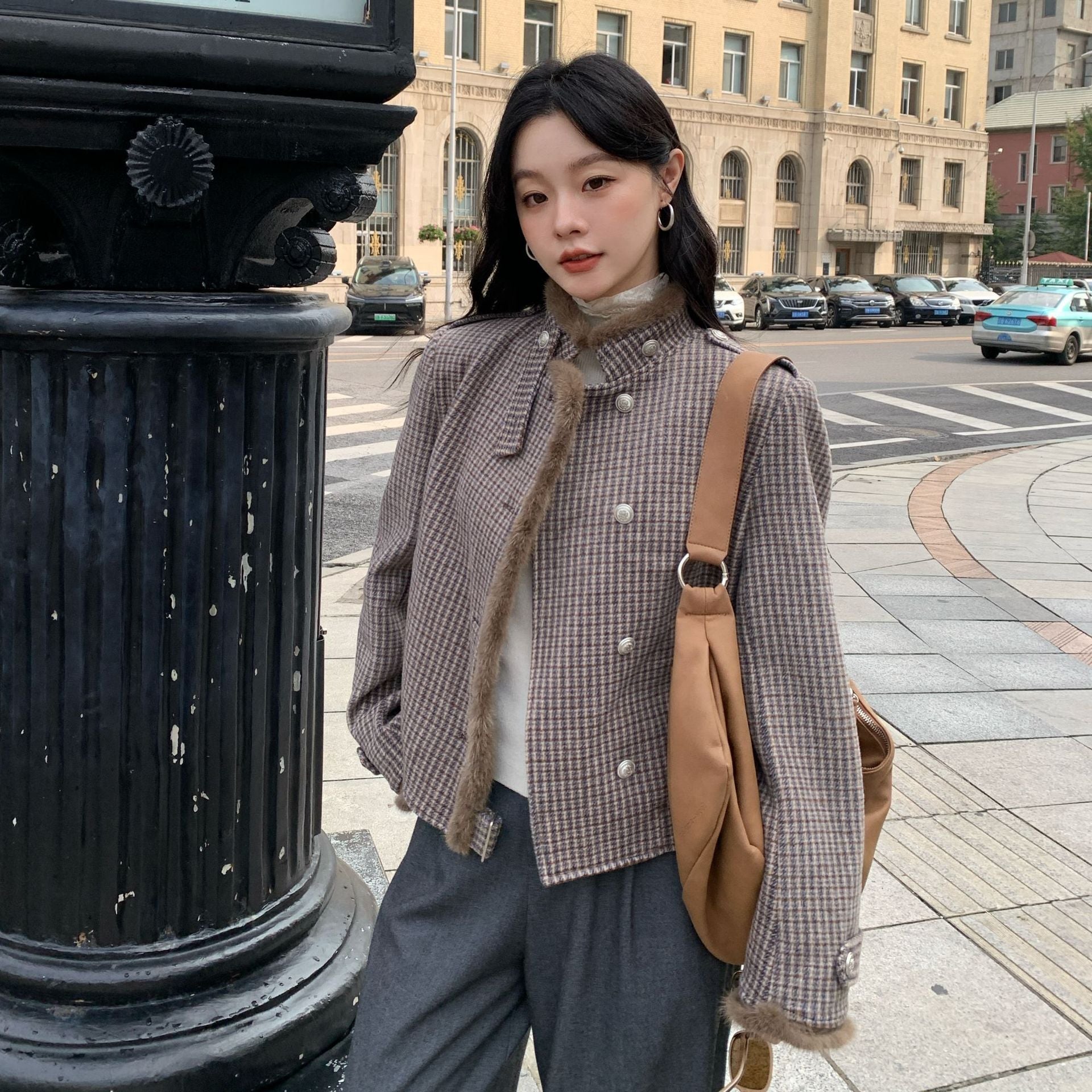 Vintage Plaid Asymmetrical Plush Women's Jacket
