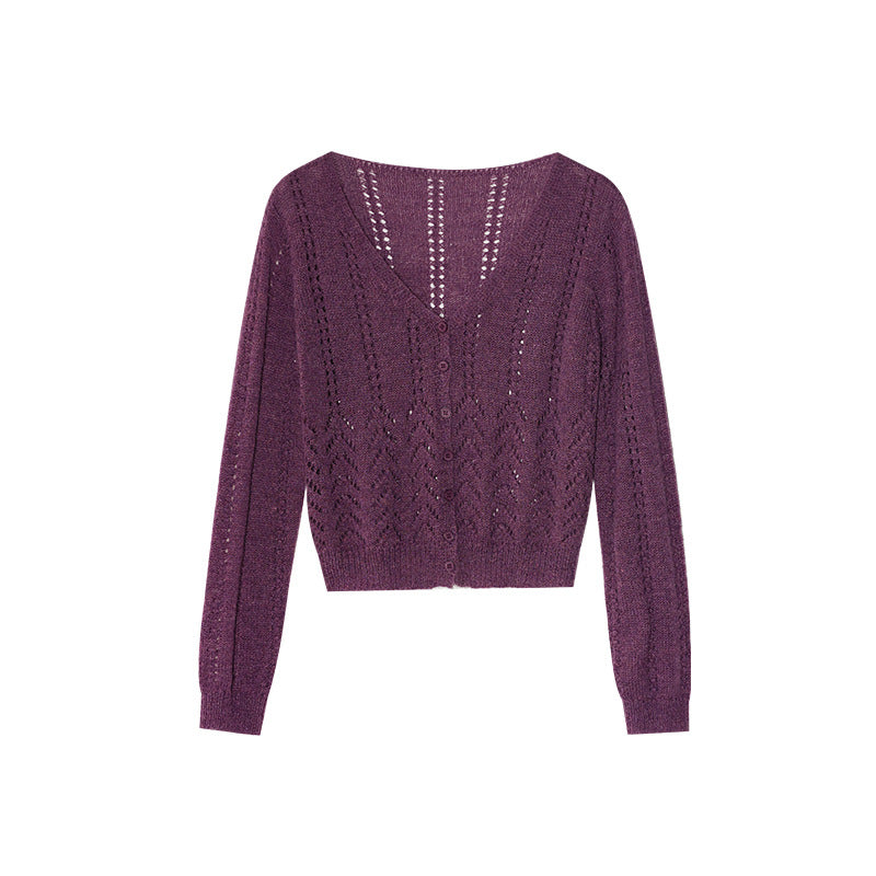 Casual single-row deep v-neck hollow-knit cardigan sweater