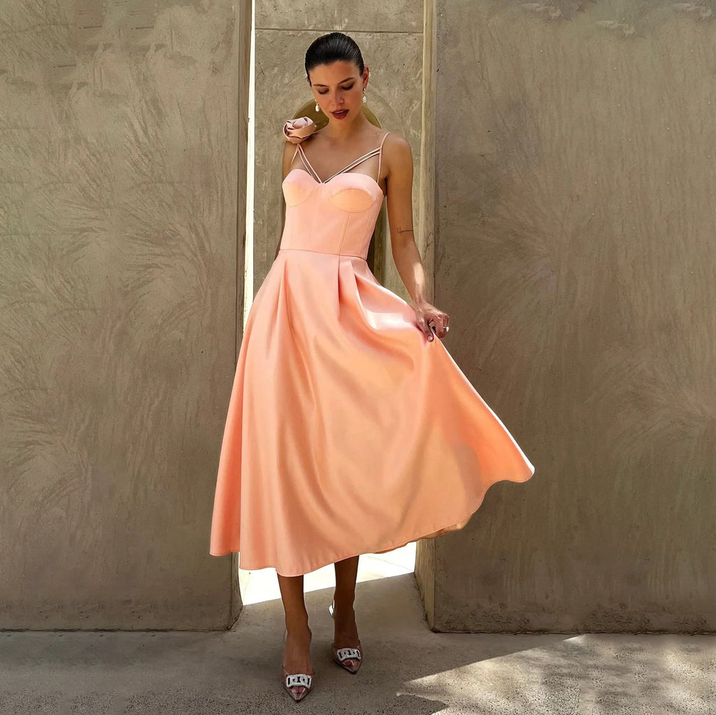 High-end dress French dress sexy hollow suspender skirt three-dimensional flower medium and long dress