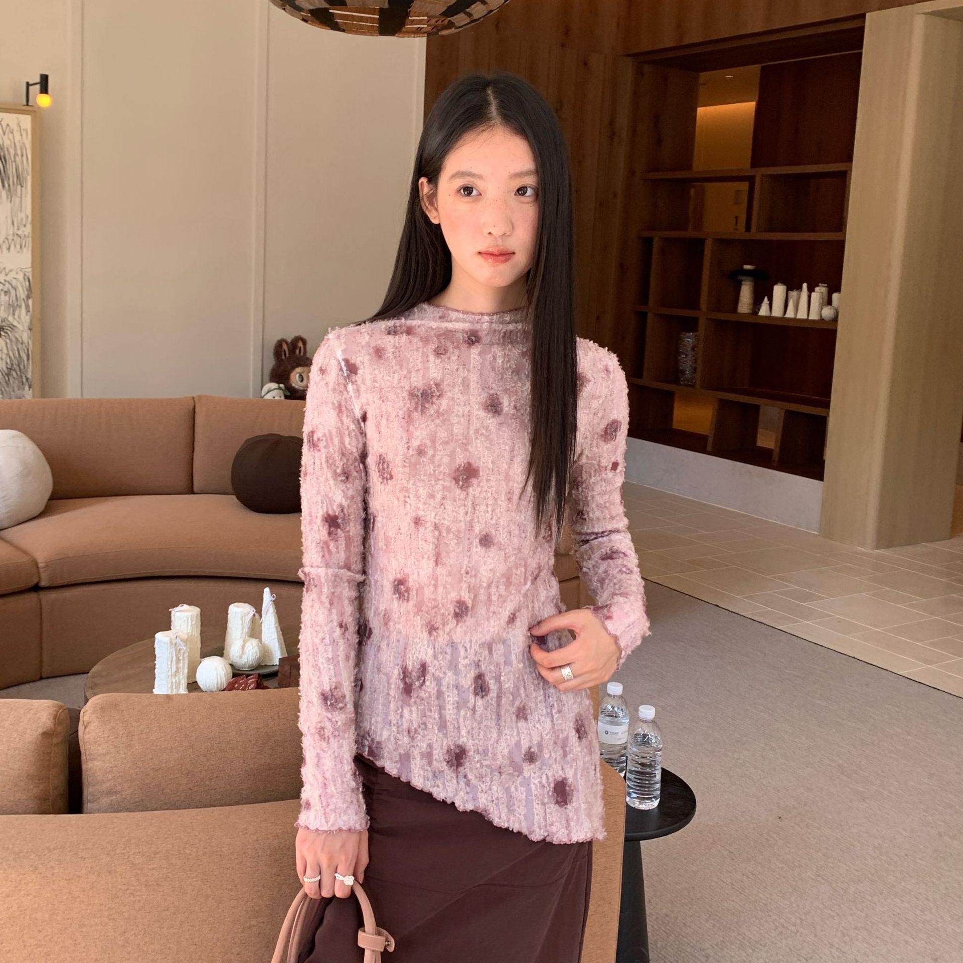 Textured retro long-sleeved slim-fit lace top with bottoming shirt